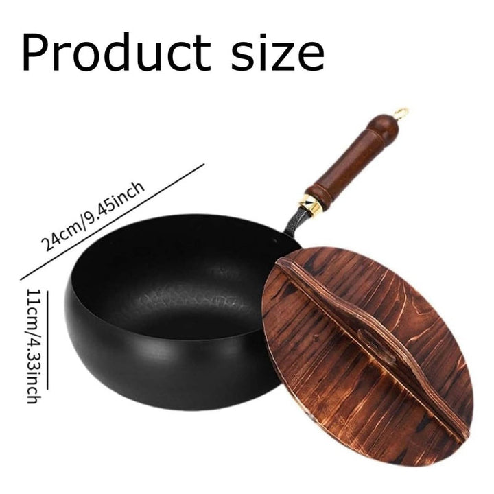 Uncoated Iron Wok Pot with Lid and Wooden Handle Set of 3 Wooden Lid 1