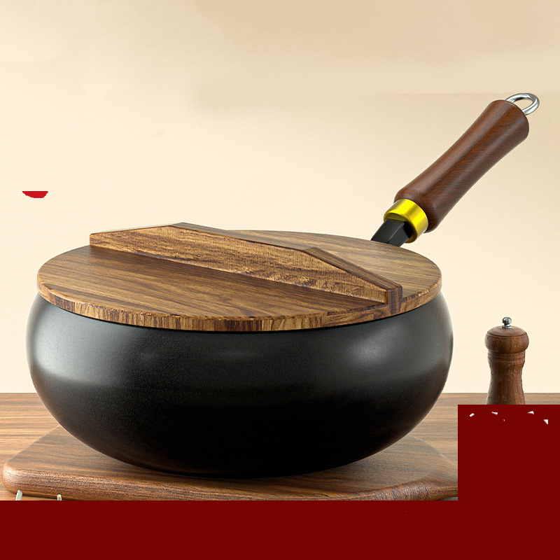 Uncoated Iron Wok Pot with Lid and Wooden Handle Set of 3 Wooden Lid 2