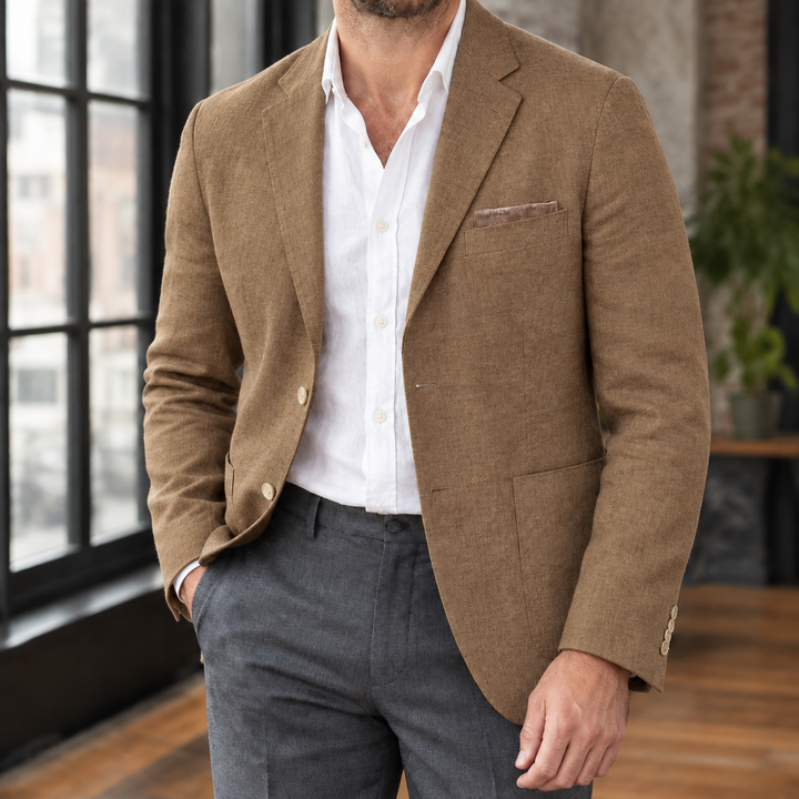 Unstructured Linen Blend Notch Lapel Blazer Brown 1