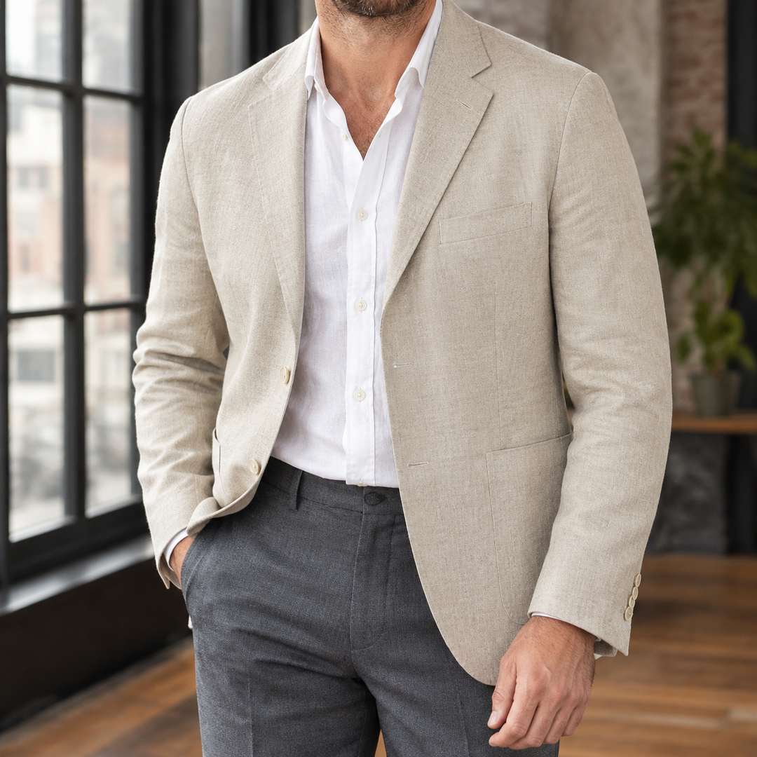 Unstructured Linen Blend Notch Lapel Blazer Cream 1