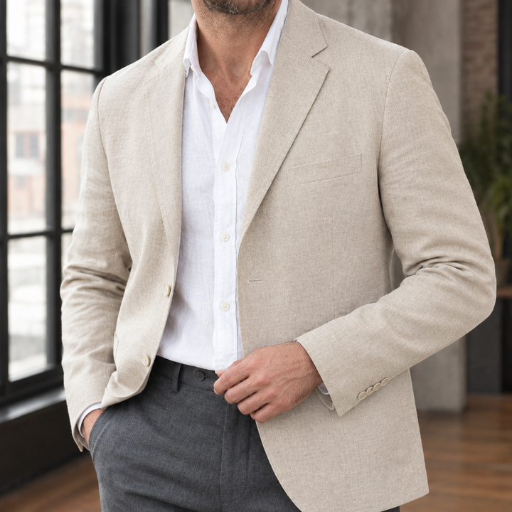 Unstructured Linen Blend Notch Lapel Blazer Cream 2