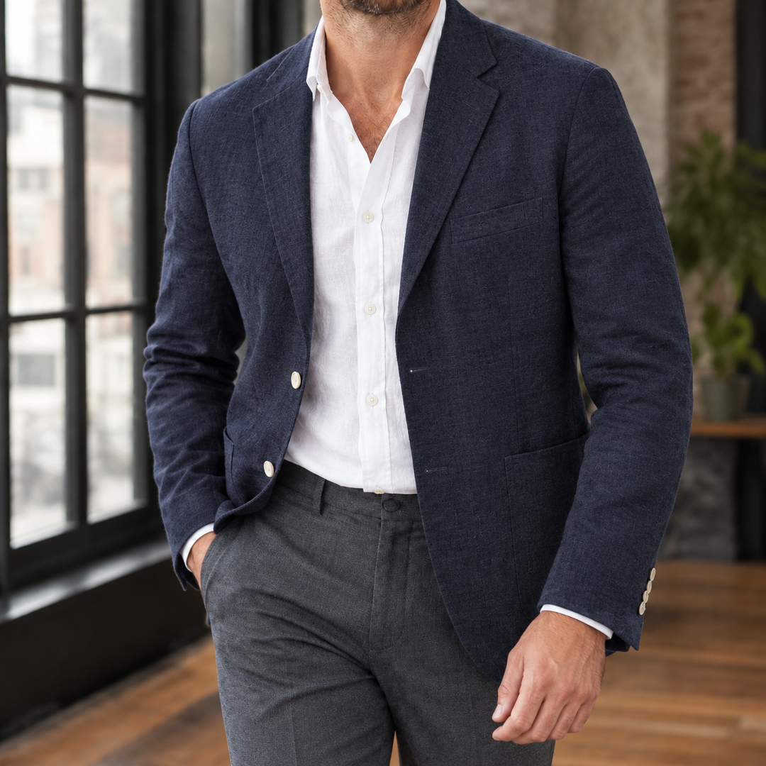 Unstructured Linen Blend Notch Lapel Blazer Navy 1