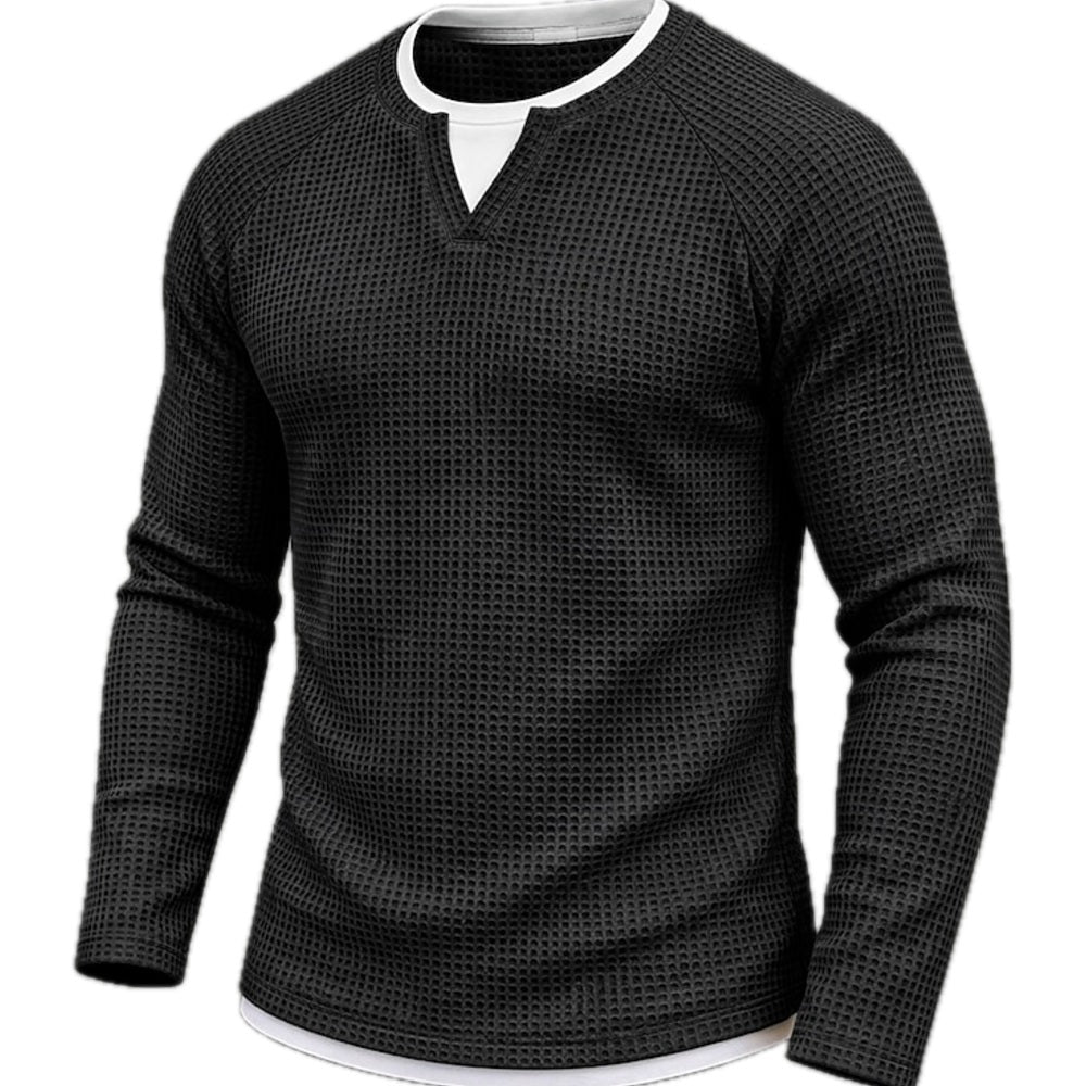 Waffle Knit Long Sleeve Tee Layered V Neck Black 1