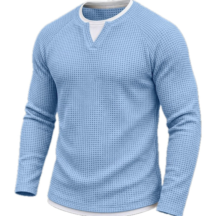 Waffle Knit Long Sleeve Tee Layered V Neck Blue 1