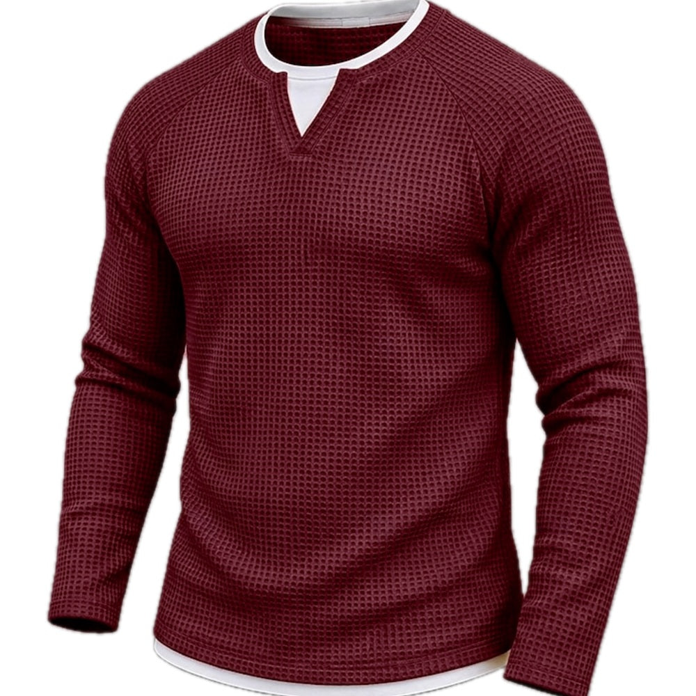Waffle Knit Long Sleeve Tee Layered V Neck Burgundy 1