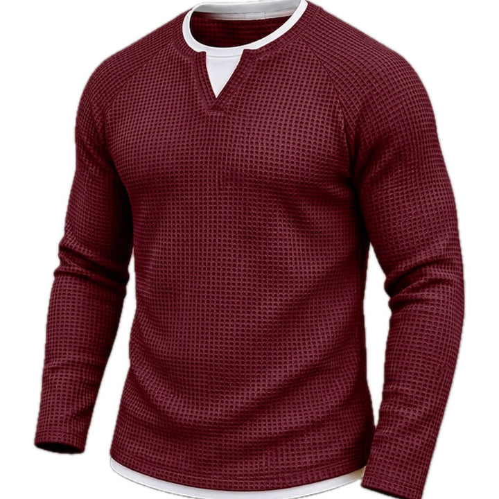 Waffle Knit Long Sleeve Tee Layered V Neck Burgundy 1