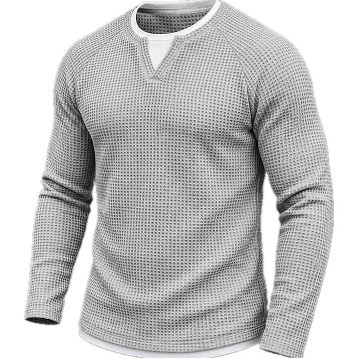 Waffle Knit Long Sleeve Tee Layered V Neck Gray 1