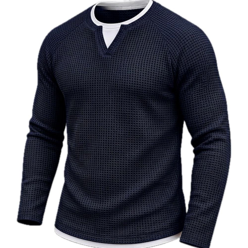 Waffle Knit Long Sleeve Tee Layered V Neck Navy 1