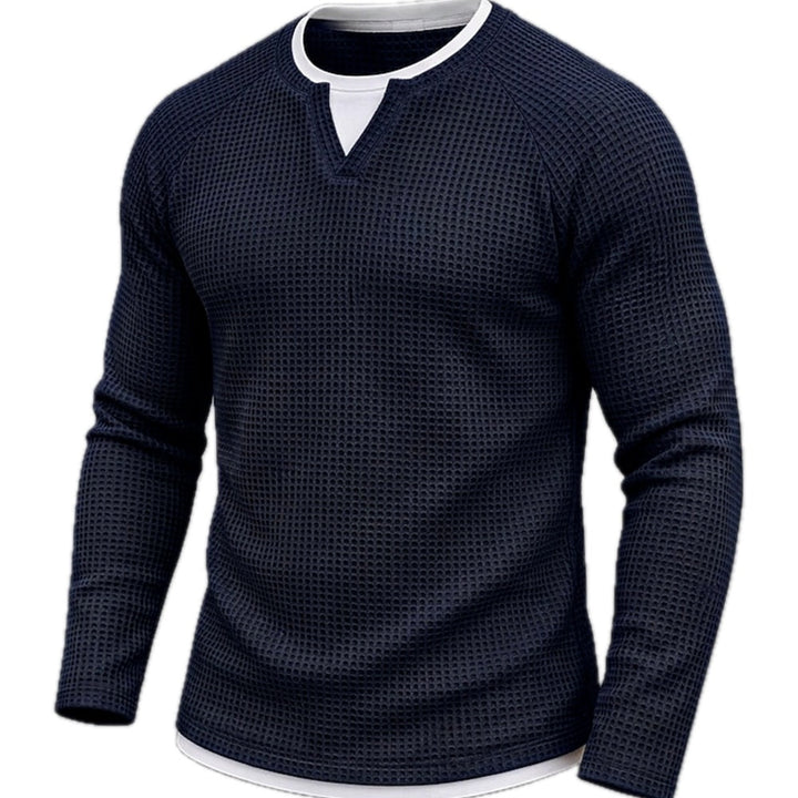 Waffle Knit Long Sleeve Tee Layered V Neck Navy 1