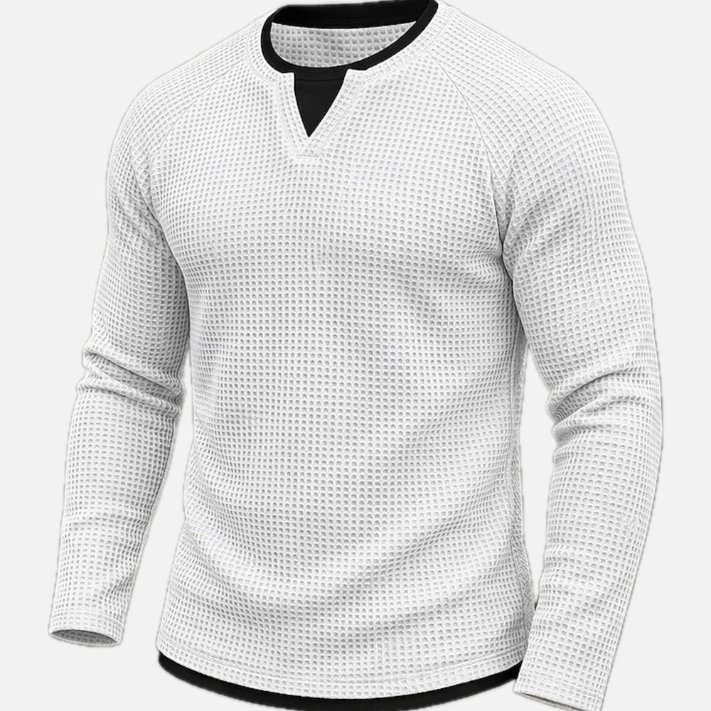 Waffle Knit Long Sleeve Tee Layered V Neck White 1