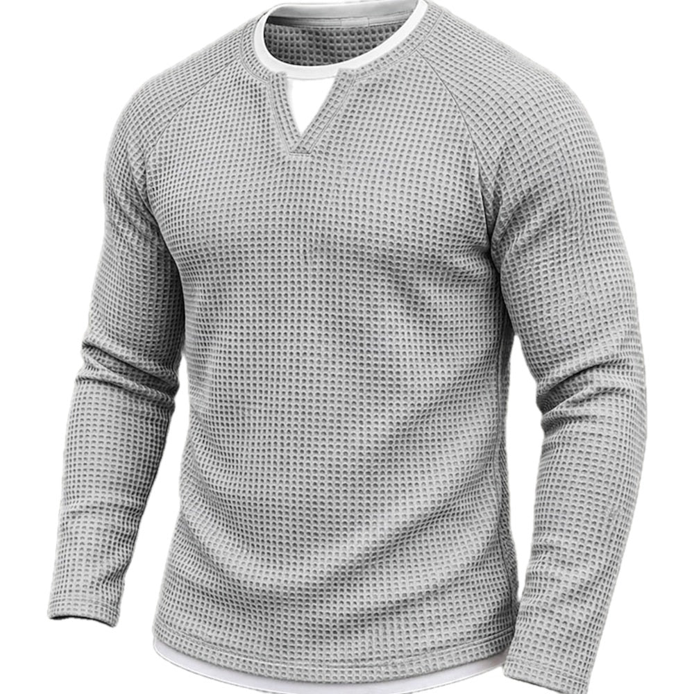 Waffle Knit Long Sleeve Tee Layered V Neck on white