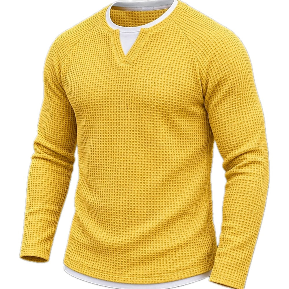 Waffle Knit Long Sleeve Tee Layered V Neck Yellow 1