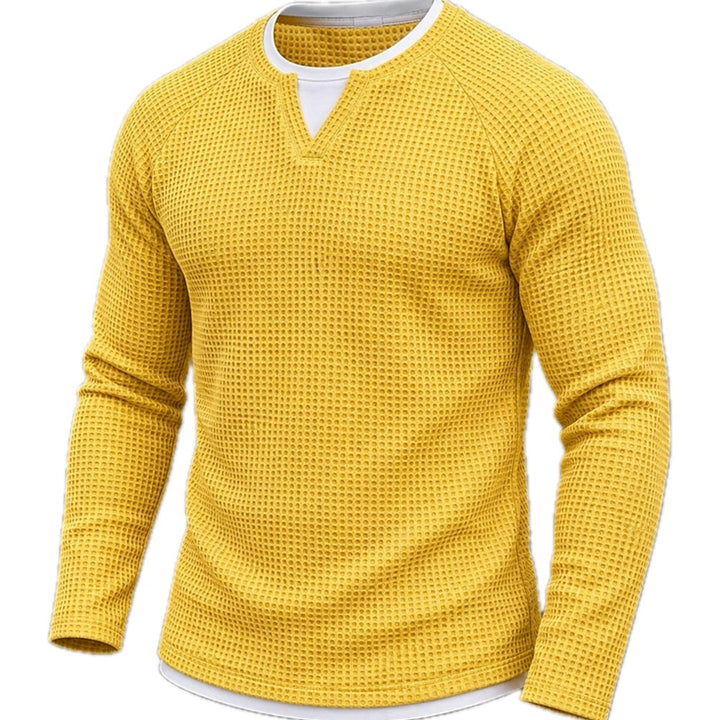 Waffle Knit Long Sleeve Tee Layered V Neck Yellow 1