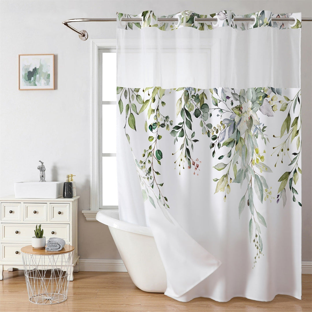 Waffle Shower Curtain with Snap In Liner 72 x 74.8 Inch Green Vine Print 1