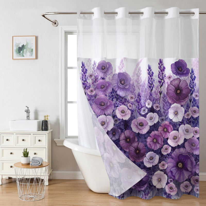Waffle Shower Curtain with Snap In Liner 72 x 74.8 Inch Purple Floral Print 1