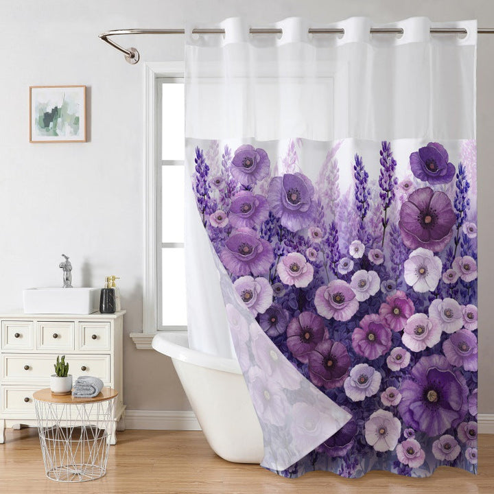 Waffle Shower Curtain with Snap In Liner 72 x 74.8 Inch Purple Floral Print 1