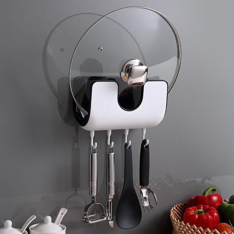 Wall Mounted Pot Lid Rack with 4 Hooks No Drill 6.4 x 8 Inch 1
