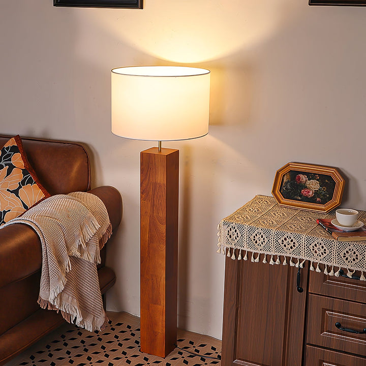 Walnut Wood Column Floor Lamp White Drum Shade 47.2 in 2