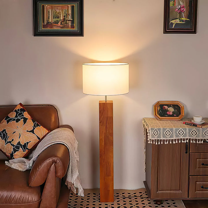 Walnut Wood Column Floor Lamp White Drum Shade 47.2 in 3