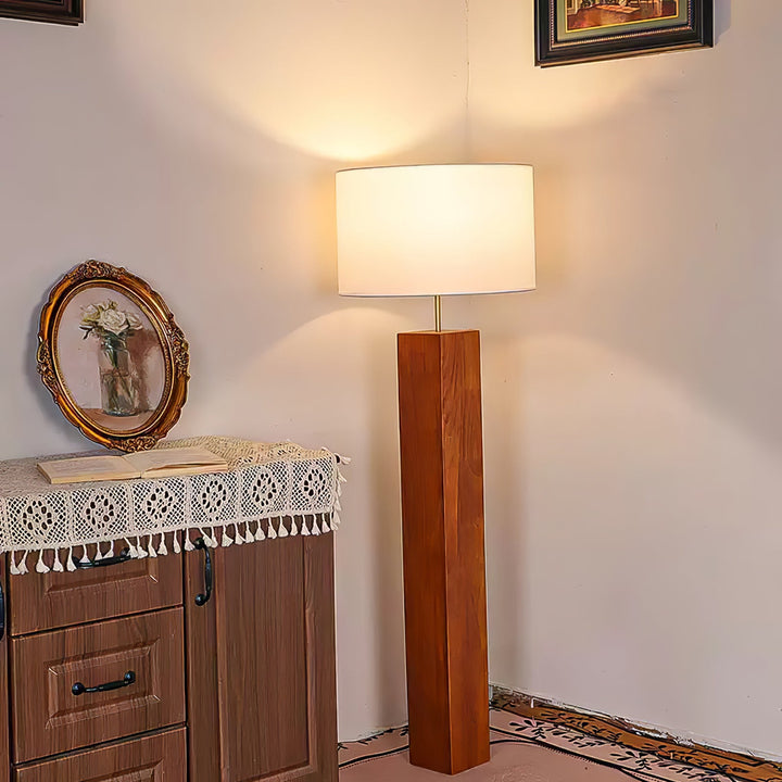 Walnut Wood Column Floor Lamp White Drum Shade 47.2 in 4