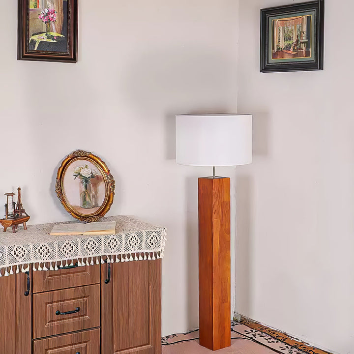 Walnut Wood Column Floor Lamp White Drum Shade 47.2 in 8