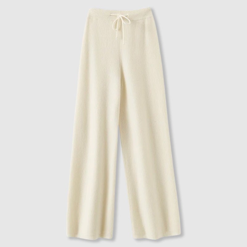 Wide Leg Cashmere Blend Knit Pants Drawstring Beige 1