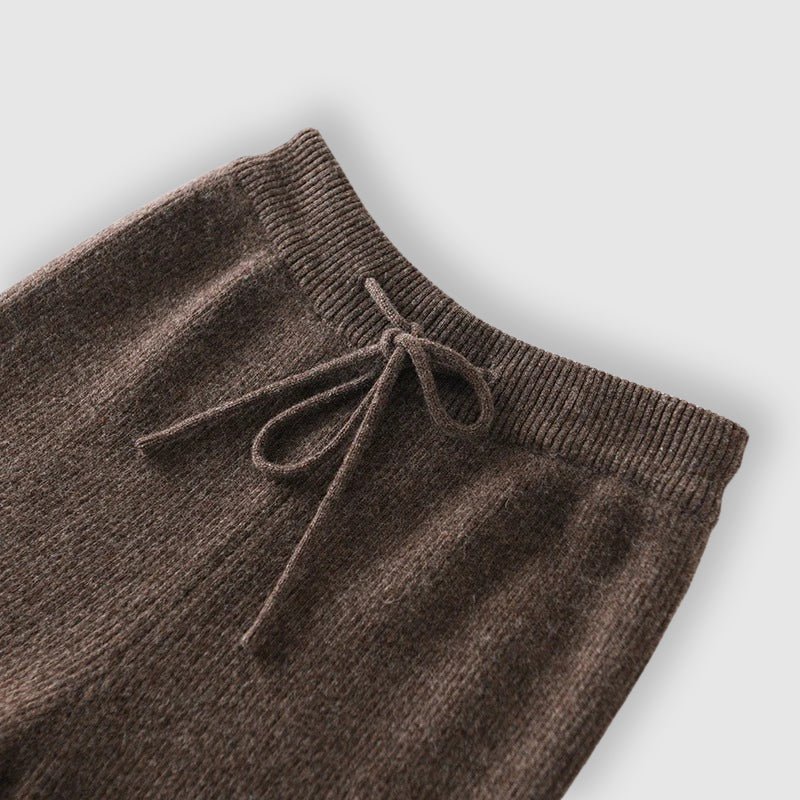 Wide Leg Cashmere Blend Knit Pants Drawstring Brown 2