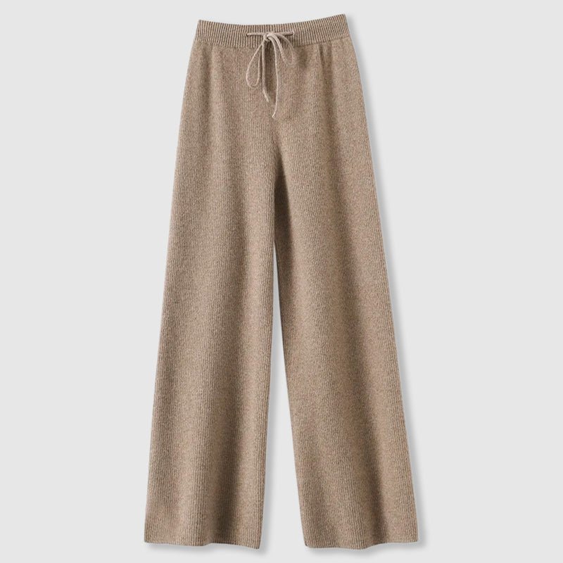 Wide Leg Cashmere Blend Knit Pants Drawstring Khaki 1