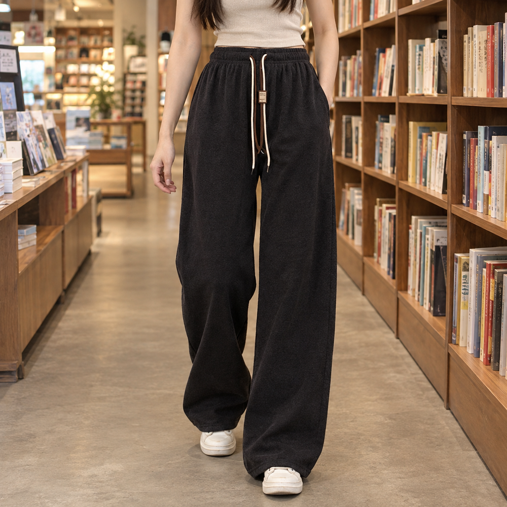 Wide Leg Elastic Waist Drawstring Pants Black 1