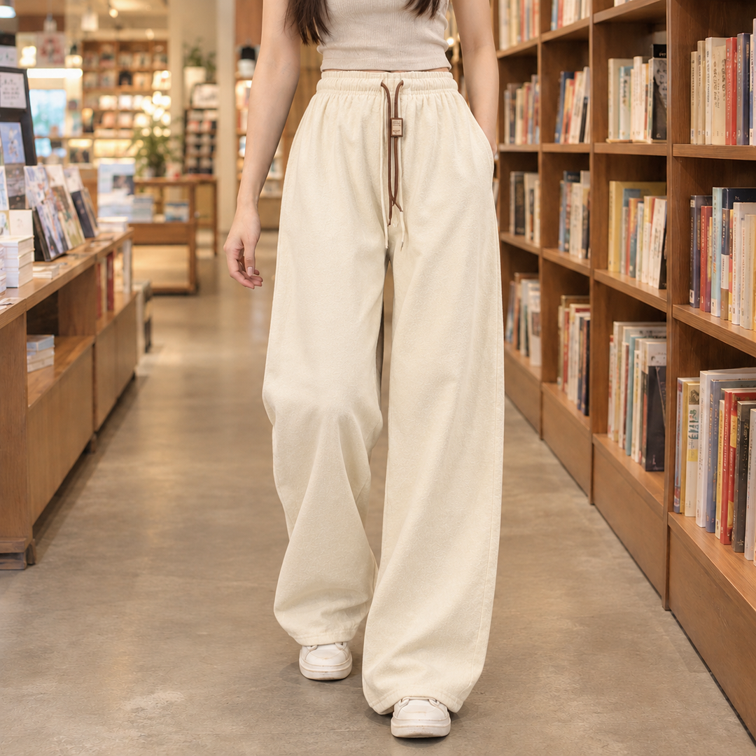 Wide Leg Elastic Waist Drawstring Pants Off White 1