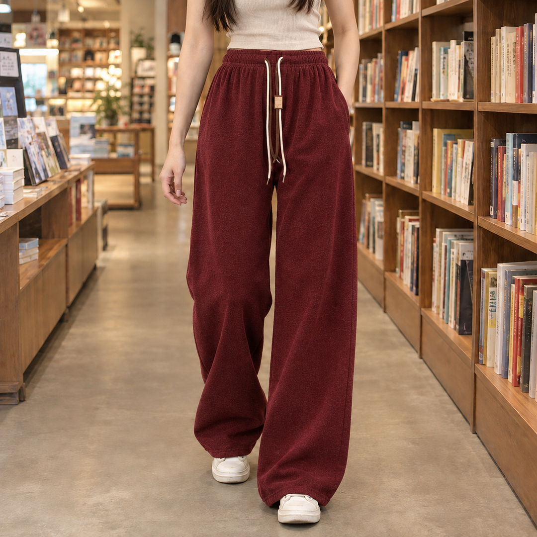 Wide Leg Elastic Waist Drawstring Pants Wine Red 1