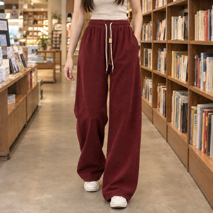 Wide Leg Elastic Waist Drawstring Pants Wine Red 1