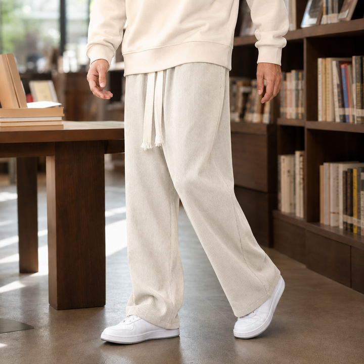 Wide Leg Ribbed Drawstring Pants Apricot 1