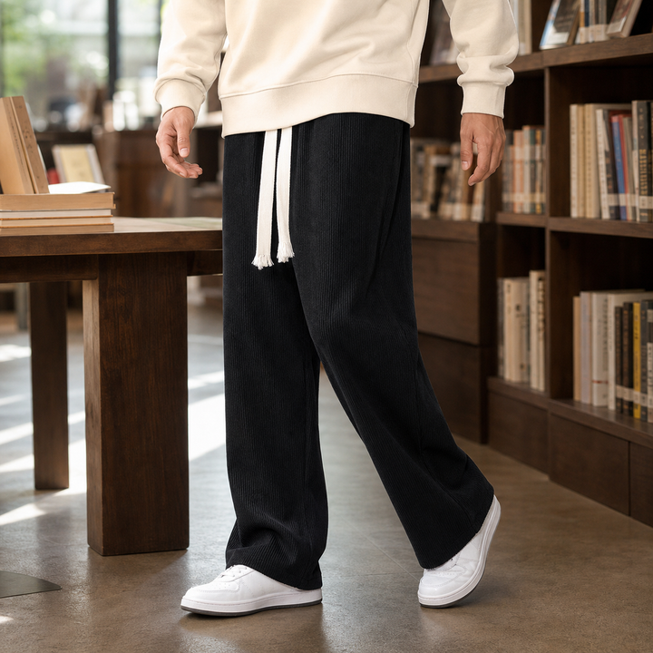 Wide Leg Ribbed Drawstring Pants Black 1