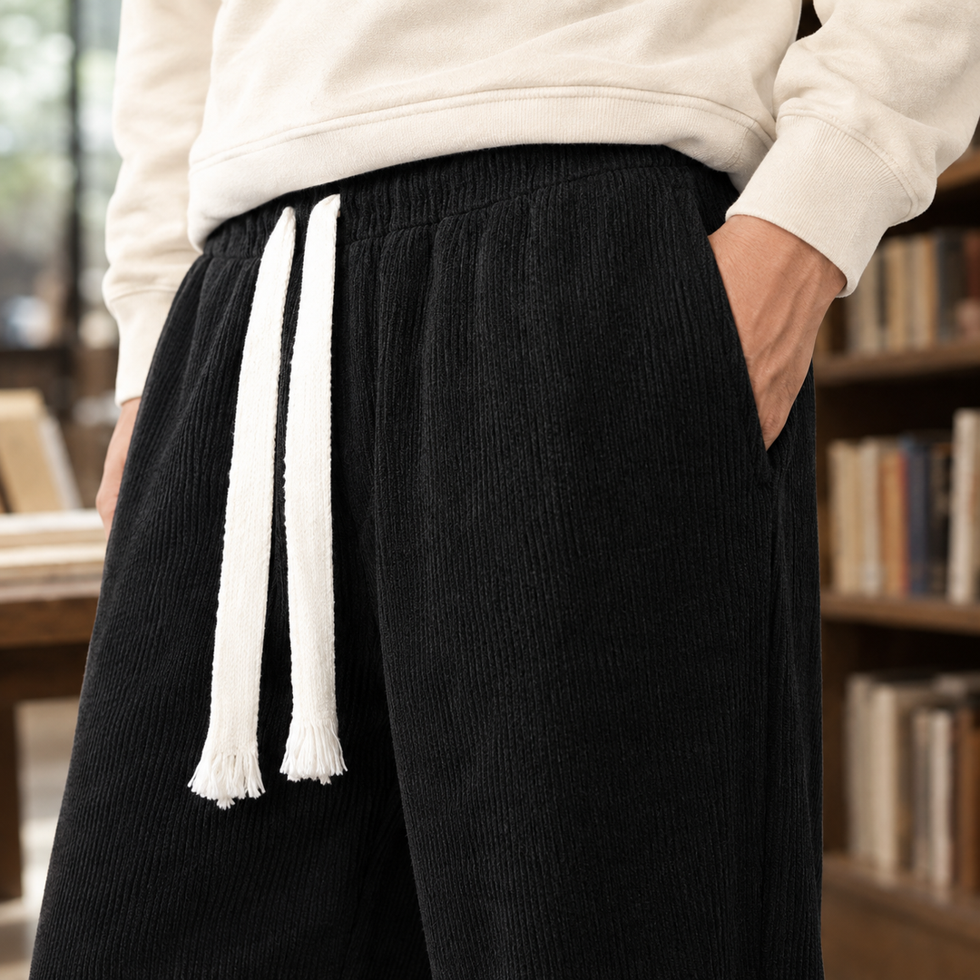 Wide Leg Ribbed Drawstring Pants Black 2