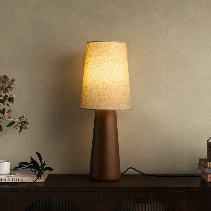 Wood Base Table Lamp White Fabric Shade 5.9 x 14.9 in 2