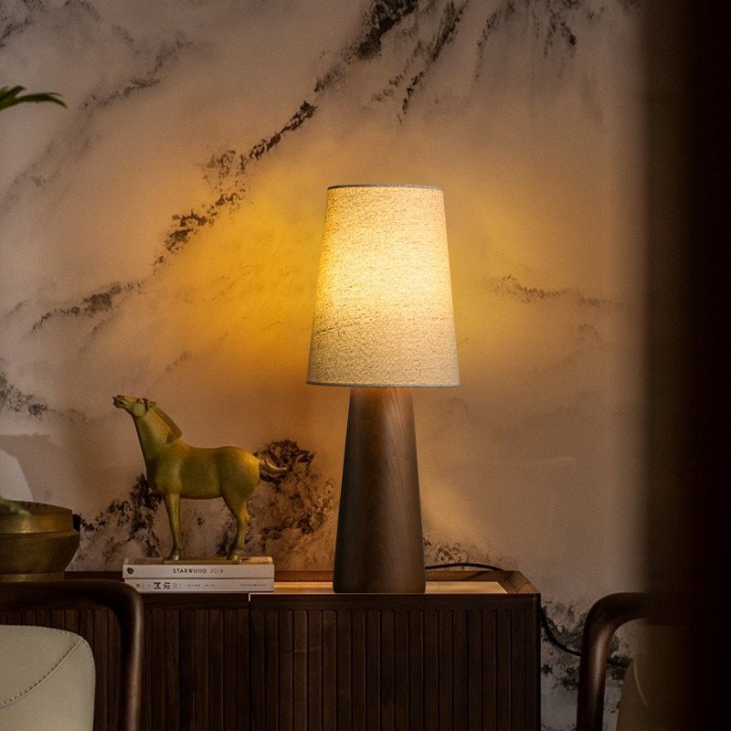 Wood Base Table Lamp White Fabric Shade 5.9 x 14.9 in 6
