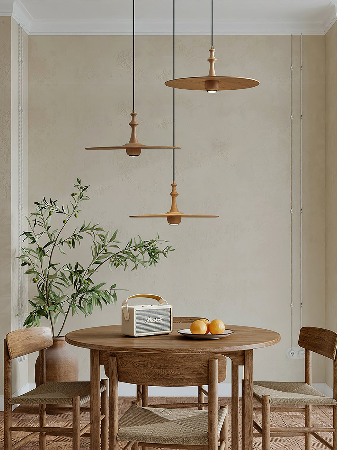 Wood Disc Pendant Light Turned Stem 17.7 in Set of 3 1