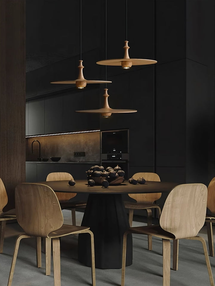 Wood Disc Pendant Light Turned Stem 17.7 in Set of 3 2