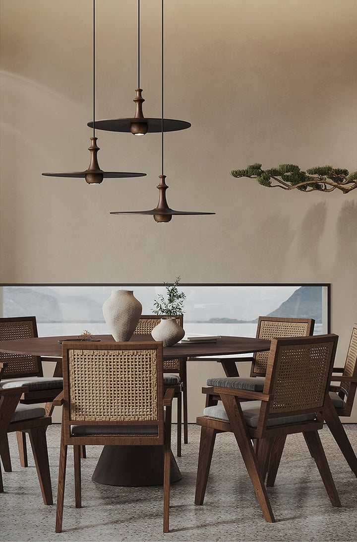 Wood Disc Pendant Light Turned Stem 17.7 in Set of 3 3