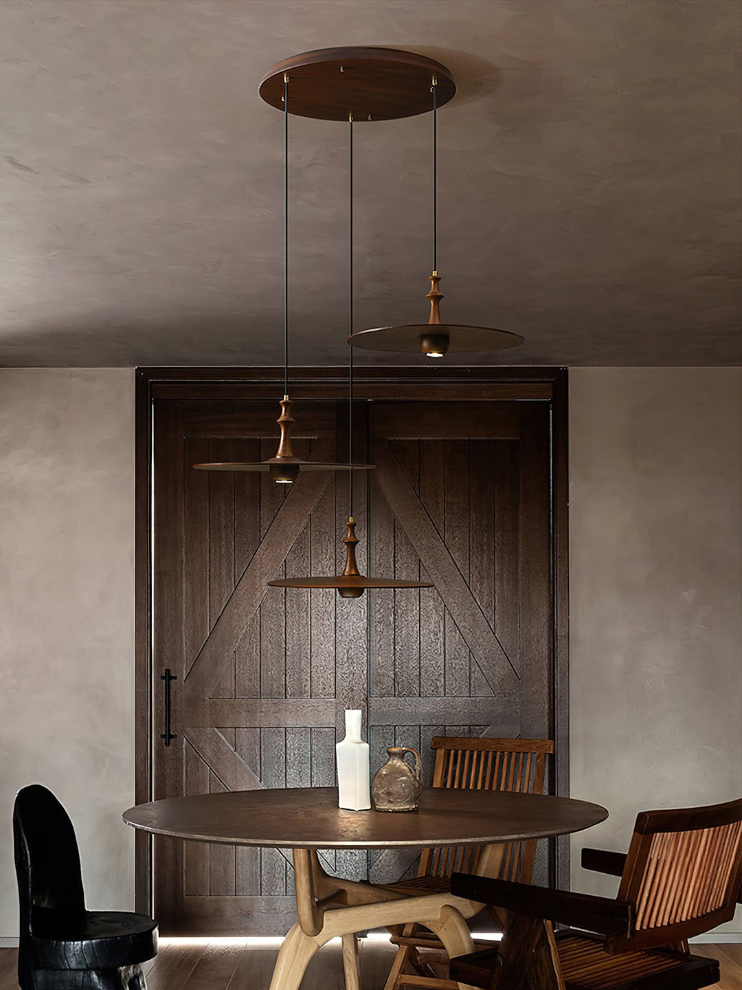 Wood Disc Pendant Light Turned Stem 17.7 in Set of 3 4