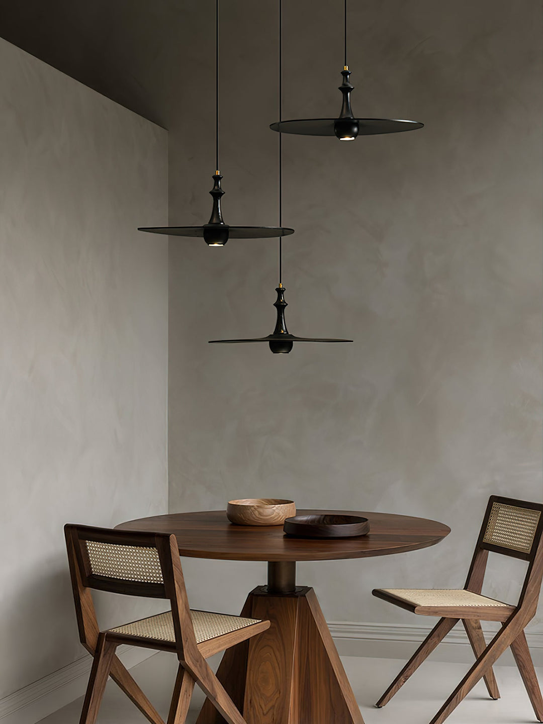 Wood Disc Pendant Light Turned Stem 17.7 in Set of 3 5