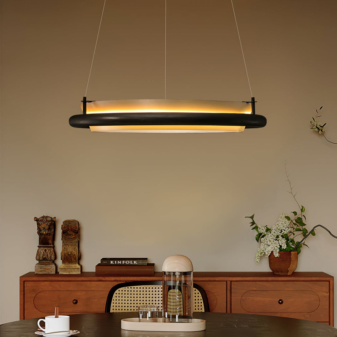 Wood Ring LED Pendant Light White Fabric Diffuser 23.6 in Set of 3 2