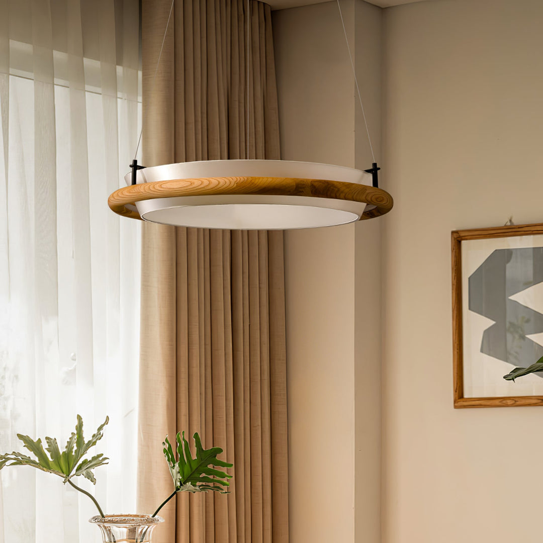 Wood Ring LED Pendant Light White Fabric Diffuser 23.6 in Set of 3 4
