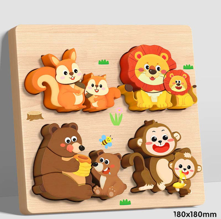 Wooden Chunky Puzzle for Toddlers 7.1 x 7.1 inch Set of 3 Parent Child Animals 1