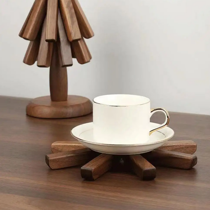 Wooden Coaster Set of 3 with Tree Shaped Holder Acacia 4