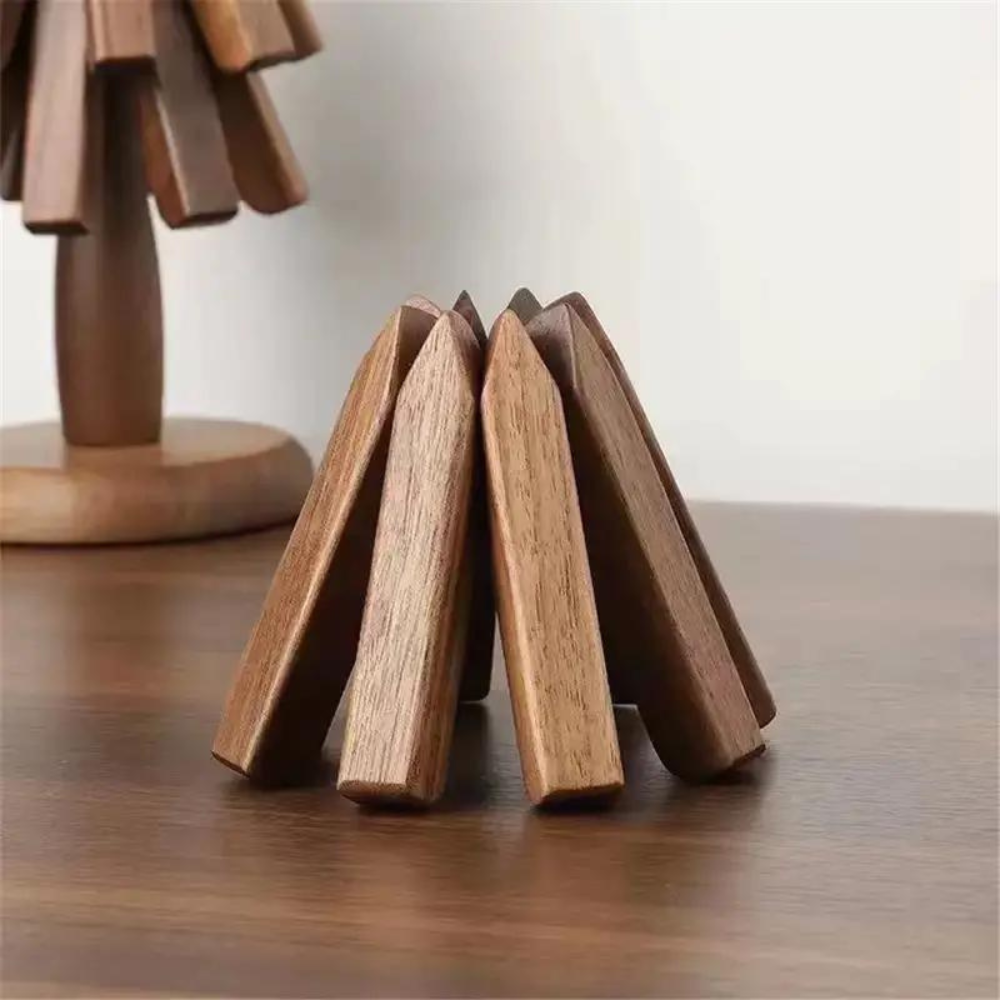 Wooden Coaster Set of 3 with Tree Shaped Holder Acacia 6