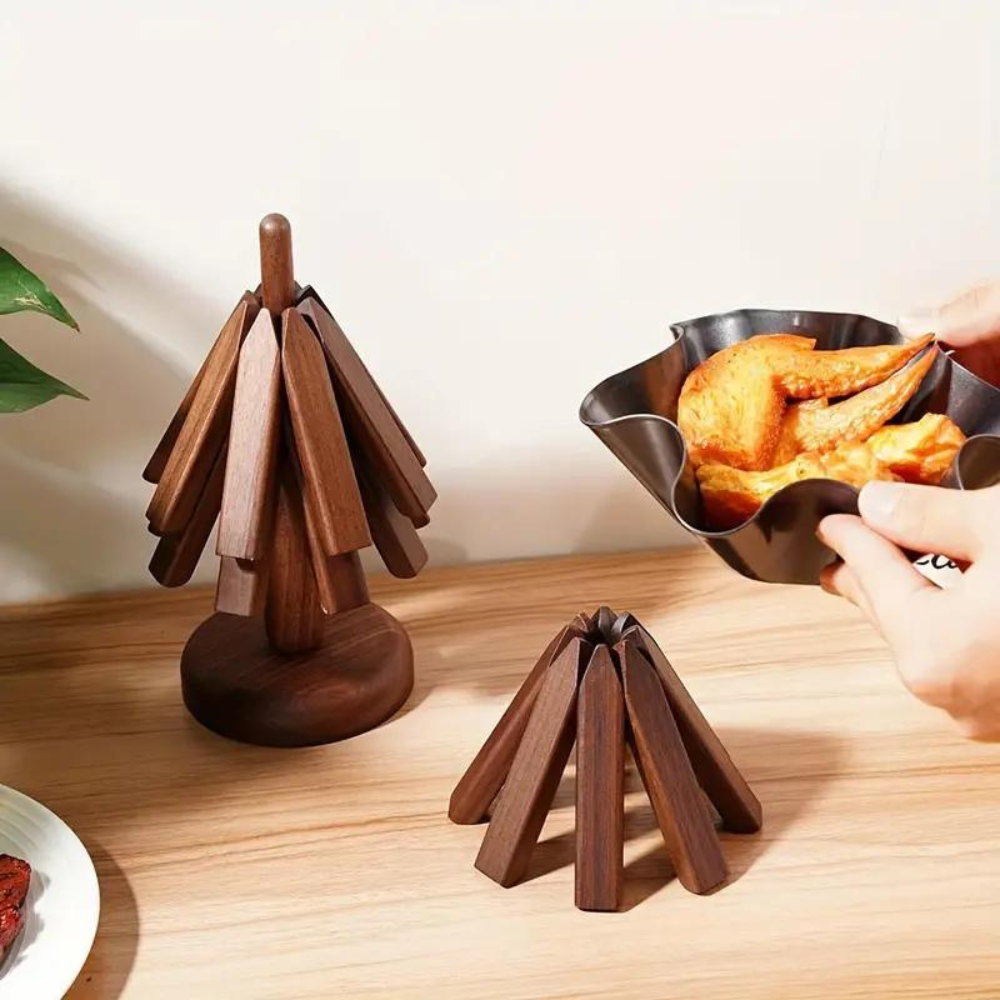 Wooden Coaster Set of 3 with Tree Shaped Holder Acacia 7