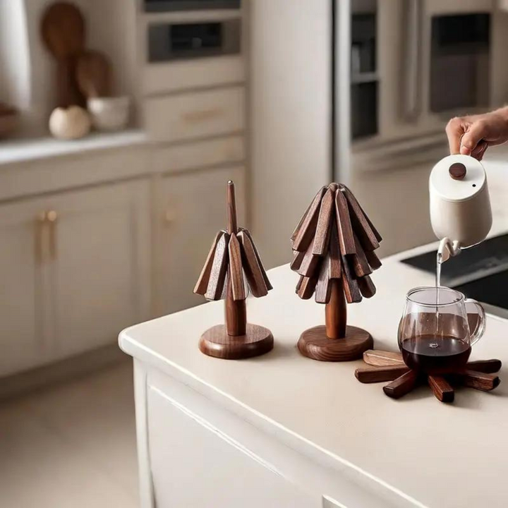 Wooden Coaster Set of 3 with Tree Shaped Holder Acacia 8