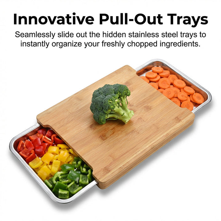 Wooden Cutting Board with Slide Out Stainless Steel Trays 1